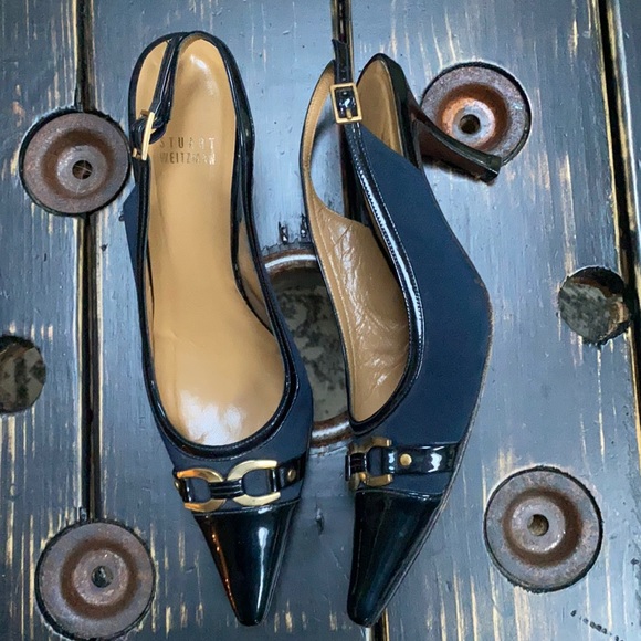Stuart Weitzman Navy Heels with Brass Accents - Picture 1 of 10